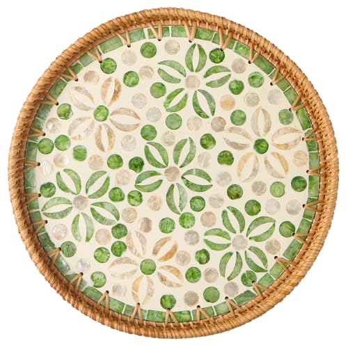 Round Rattan Tray with Mother of Pearl Inlay, Decorative Wicker Serving Tray with Wooden Base, Woven Basket Trays for Bread Fruits Coffee, Starfruit - color: Starfruit