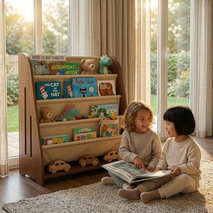 Perugina Wood Kids Bookshelf 5Tier(WalnutPattern) | DutchDesign Montessori Nursery Toddler Baby Book Shelf kidsroom - color: Redwalnutwood Grainpattern