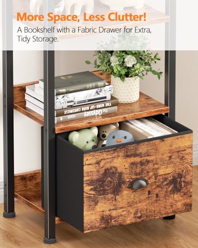 Furologee Book Shelf Set of 2, 6 Tier Tall Shelf with Drawer, Bookshelves and Bookcases Set of 2, Industrial Display Shelving Unit for Bedroom, Living Room, Home Office, Rustic Brown - color: Rustic Brown, size: 6 Tier-2 PCS