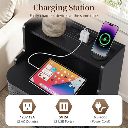 Storage End Table with 2 Door Set of 2, Bed Side Table with Charging Station, Metal Rattan Nightstand for Bedroom, Desk Side Table for Living Room Couch Sofa, Office, Small Spaces - Black - size: Door Black-set