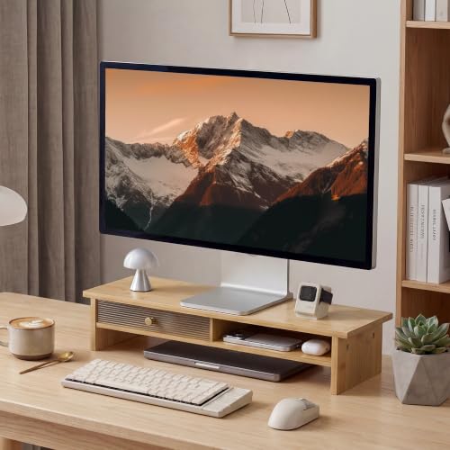 Bamboo Monitor Stand with Acrylic Sliding Door, Monitor Riser with Storage and Cable Management, Wood Desk Shelf for Home Office, Laptop and Printer