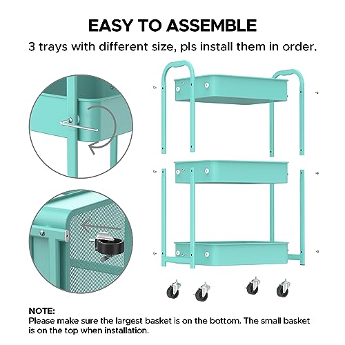 MAX Houser 3-Tier Rolling Utility Cart with Caster Wheels,Easy Assembly, for Kitchen, Bathroom (Turquoise) - color: Turquoise, size: 3-Tier Standard Cart