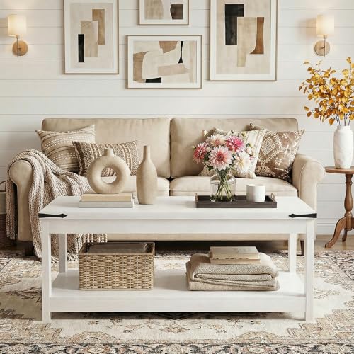 Homieasy 43.3” Rectangular Coffee Table with Storage Shelf, White | Farmhouse Wood Center Table for Living Room, Modern Black Tea Table with Open Shelf - color: White