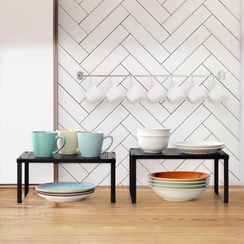 NEX Cabinet Organizer Shelf Set of 2, Kitchen Counter Stackable Shelves, Expandable Spice Rack Pantry Organizers Bathroom Storage Riser, Metal, Black - color: Black