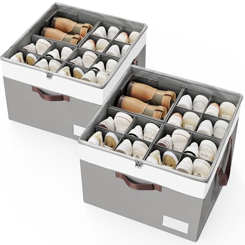 Criusia Shoe Organizer for Closet, 2 Pack Foldable Shoe Storage Organizer Box Bin with Adjustable Dividers and Clear Cover, Closet Shoe Storage for Sneakers Sandals Boots, Fit 16-32 Pairs, Gray - color: Gray