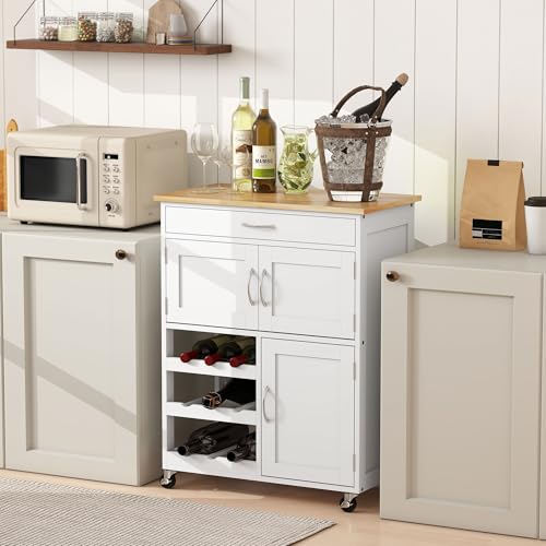 HOMCOM Bar Cart on Wheels with 9-Bottle Wine Rack, Wooden Countertop, White | Rolling Kitchen Island, Small Kitchen Cart, Wide Drawer, Island Table