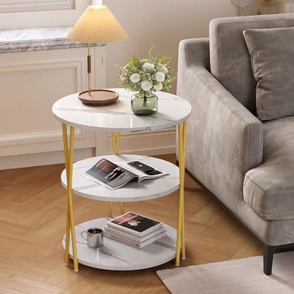23 Inch Round Side Table 3-Tier End Table Living Room Small Patio Table Nightstands Round Coffee Table Spacious Top for Couch Bedroom 3 Storage Shelves Accent Coffee Table, Marble White - color: Marble White
