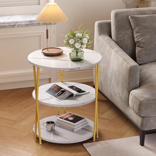 23 Inch Round Side Table 3-Tier End Table Living Room Small Patio Table Nightstands Round Coffee Table Spacious Top for Couch Bedroom 3 Storage Shelves Accent Coffee Table, Marble White - color: Marble White