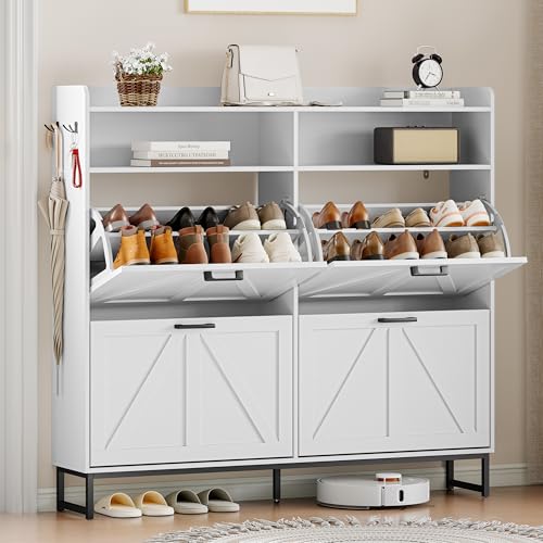 Wodeer Shoe Cabinet Storage for Entryway, Shoe Storage Cabinet with 4 Flip Drawers, Freestanding Narrow Shoe Rack Organizer with Metal Legs, Adjustable Shelves & Open Storage for Foyer, Hallway, White - color: White, style: 4 Drawers