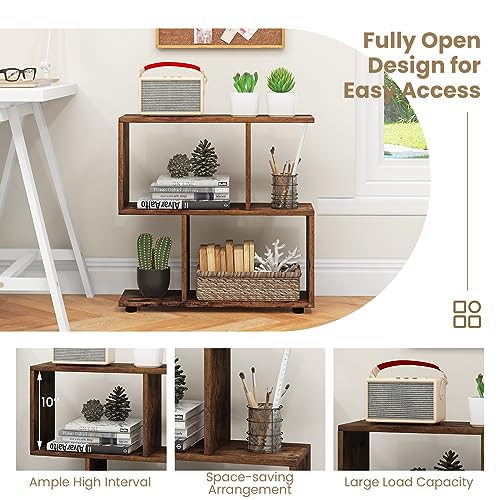 Tangkula 2 Tier Geometric Bookshelf, Freestanding Wood Display Shelf, Home Office Room Divider S Shaped Open Bookcase, Small Bookshelf for Small Spaces, Living Room, Study (Coffee, 1) - color: Coffee, size: 1