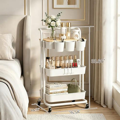 3 Tier Rolling Cart with Table Top, Utility Cart with Lockable Wheels, Hooks & Cup Holders, Multifunctional Rolling Storage Cart for Kitchen, Bathroom, Office, Bedroom, Craft, Living Room (White) - color: White