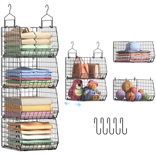 4" Extra Deeper Hanging Closet Organizers and Storage,4 Tier Foldable Wire Cabinet Shelves with 5 S Hooks,Small Metal Basket Bins for Clothes Sweaters Handbags, Wardrobe for Kitchen Laundry Room，Black - color: Black, size: 4-Tier