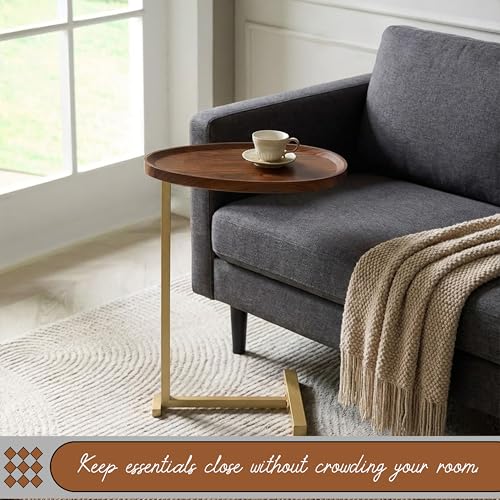 Kings Brand C-Shaped Side End Table, Sofa Table, Gold & Brown | Convenient C-Shaped Table – Slides Under Sofas, Chairs, Beds to Keep Coffee, Snacks, Laptops, Books, & Essentials w/in Reach - color: Brown