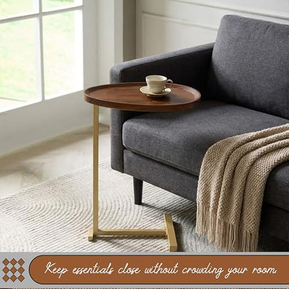 Kings Brand C-Shaped Side End Table, Sofa Table, Gold & Brown | Convenient C-Shaped Table – Slides Under Sofas, Chairs, Beds to Keep Coffee, Snacks, Laptops, Books, & Essentials w/in Reach - color: Brown