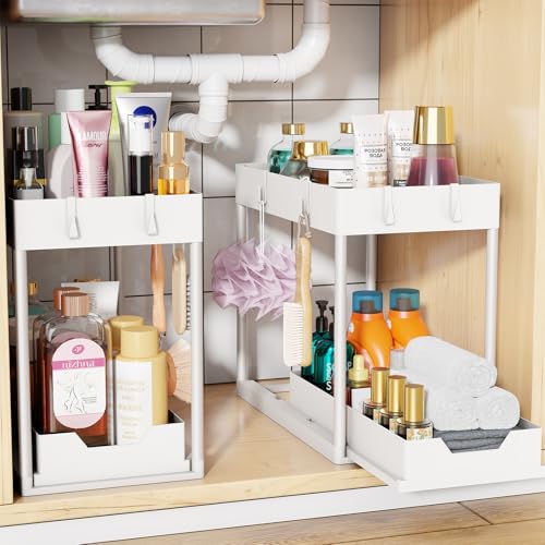 Simple Trending Under Sink Organizer 2 Pack, with Sliding Drawer, White | 2-Tier Multi-Use Under Shelf Organizer with Hooks, Sink Pull-Out Sliding Storage Cabinet for Kitchen Bathroom, Easy Assembly - color: White, size: 2 pack