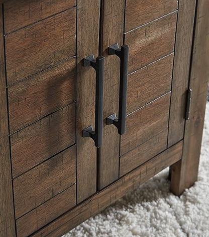 Signature Design by Ashley Moriville Rustic Farmhouse Rectangular End Table with Dual Cabinet Doors, Antique Bronze-Tone Hardware, Wood, 25" High, Brown - color: Dark Brown
