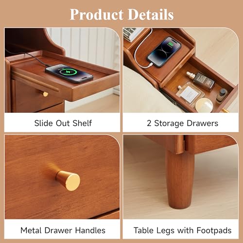 Solid Wood Narrow Nightstand, Slim Bedside Table with 2 Drawers & Slide-Out Tray, Mid-Century Modern End Table Side Table for Bedroom, Living Room, Small Spaces (Walnut) - color: Walnut