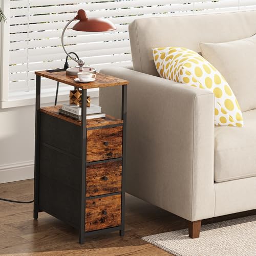 TUTOTAK Narrow Night Stand with Charging Station, Slim End Table | Tall Side Table with 3 Fabric Drawer, Small Bedside Table with Storage, Living Room, Bedroom, Brown TB01BB086 - color: Brown, size: 1 Pack (3 Drawers), style: With Plug
