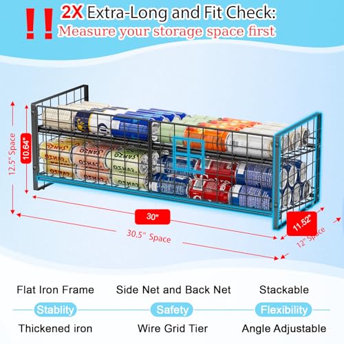 2-Pack Stackable Can Organizer for Pantry Shelf, Adjustable Extra-Long Rolling Can Rack for Kitchen Cupboard Storage, Sturdy Standing Can Holder for Canned Food Goods Soda up to 100, 2 Tier, Black