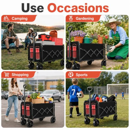 Collapsible Wagon Cart with Wheels, Compact 360 lb Folding Utility Wagon | 120L compact wagon with 360 lb support, 11 lb lightweight design, adjustable handle, 2 cup holders and all-terrain wheels - size: 360LB
