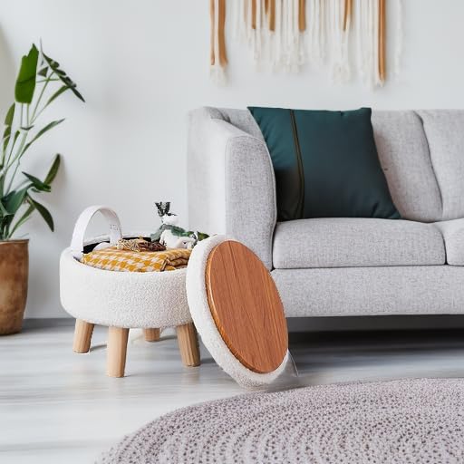 Wimarsbon Storage Ottoman, Modern Round Footrest with Soft Padded Seat, Teddy Velvet Footstool with Wood Legs, Accent Small Table or Plant Stand for Hallway, Living Room (Cream) - color: Cream
