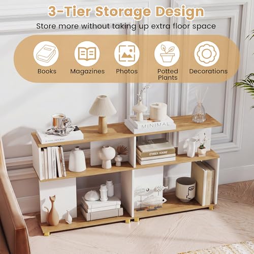 GOFLAME 3-Tier Geometric Bookcase, S-Shaped Bookshelf with 2 Open Back Compartments, Modern Display Rack, Narrow Compact Side End Table Nightstand for Living Room, Home Office (1,White & Natural) - color: White & Natural