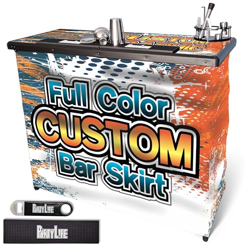 PartyLife Custom Premium Portable Bar Table w/Folding Legs, Black Fabric Bar Skirt, 2 Storage Shelves & 2 Carrying Bags | Commercial Grade | Strong & Sturdy - color: Custom, size: Premium, style: Base Model