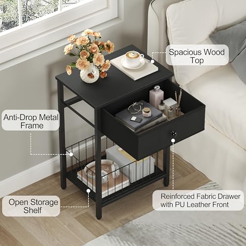Nightstands Set of 2 with PU Leather Front Drawer, 3-Tier End Table with Bottom Mesh Basket, Industrial Bedside Tables for Bedroom, Black - color: Black