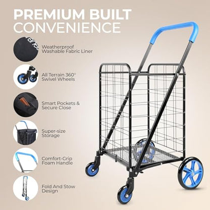SereneLife Small Compact Folding Shopping Cart with Removable Waterproof Liner – 360° Swivel Wheels, Rust‑Proof Steel Frame, 70 lb Capacity – Portable Grocery, Laundry & Travel Cart (Blue) - color: Blue