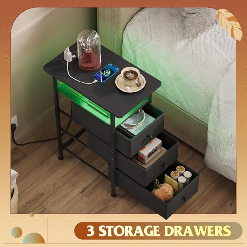 WLIVE Narrow Side Table with Charging Station, End Table with LED Lights,3 Fabric Drawers and Open Shelf, Bed Side Tables Living Room, Small Spaces, Bedroom, Black - color: Black, size: 3 Drawers