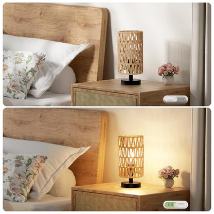 Fenmzee Small Table Lamp for Bedroom - Inline Control, Bedside Lamp with 3000K A15 LED Blub, Easy Assembly（Rattan Rope Shade-Black Base，9" Inline Control） - color: Rattan Rope Shade-Black Base