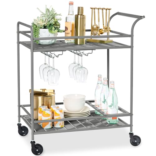 Best Choice Products Rolling Bar Cart, Mobile Home Bar Serving Cart, Serving Station w/ 2 Tier Shelves, Wine Rack, Lockable Wheels - Gray - color: Gray