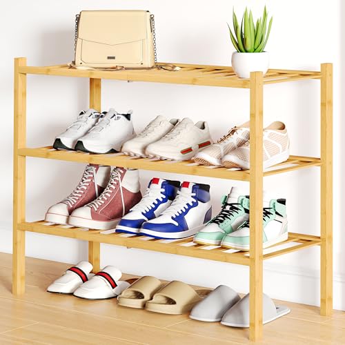 Smiry Bamboo Shoe Rack, 3 Tier Free Standing Wooden Shoe Organizer, Stackable Wood Shoe Storage Shelf for Closet, Entryway, 12 Vertical Slats, 2+1 Stack Standard Legs, 26.8"x11"x19.5", Natural - color: Natural, size: 26.80" Wide - 3 Tier - Regular