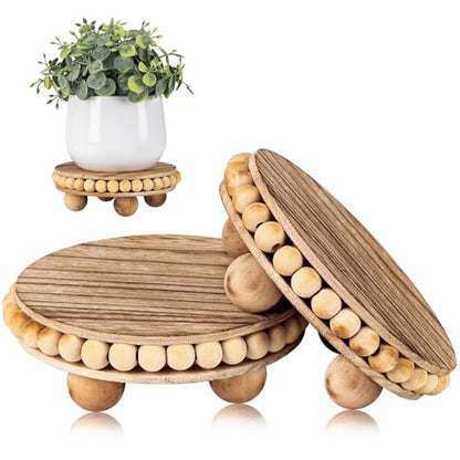 HouseJoy Round Wood Risers for Display：2P Beaded Riser Distressed Decor | Stable Wood Coaster-Rustic Farmhouse Pedestal Display Riser for Cake/Plant Stand/ Tiered-Ball Decoration-Raised High Holder