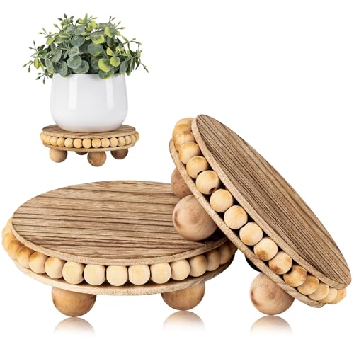 HouseJoy Round Wood Risers for Display：2P Beaded Riser Distressed Decor | Stable Wood Coaster-Rustic Farmhouse Pedestal Display Riser for Cake/Plant Stand/ Tiered-Ball Decoration-Raised High Holder