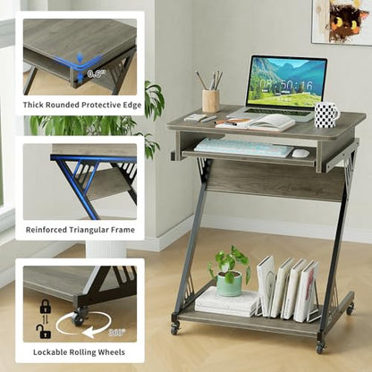 ALISENED 23.6" Z-Shaped Computer Desk for Small Spaces with Keyboard Tray, Wheels and Bottom Shelves, Compact Space-Saving Home Office Workstation, Grey - color: Grey