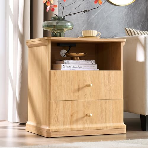 23.6" Tall Modern Nightstand with Charging Station, Wood Bedside Table w/2 Storage Drawers & Open Shelf, Mid Century Night Stand for Bedroom, Curved Waterfall Edge, Metal Handle, Natural Oak - color: Natural Oak, size: 2 Drawers