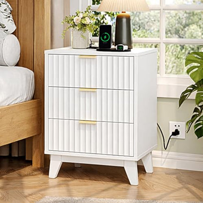 VINGLI Fluted White Nightstand with Charging Station, 3 Drawer White Night Stand Bedside Table with Drawers for Bedroom, Fluted Bedside Table/End Table/Side Table, 17.72" W*13.78" D*23.62" H, 1 pc - color: White, size: 17.7"W-3 Drawer