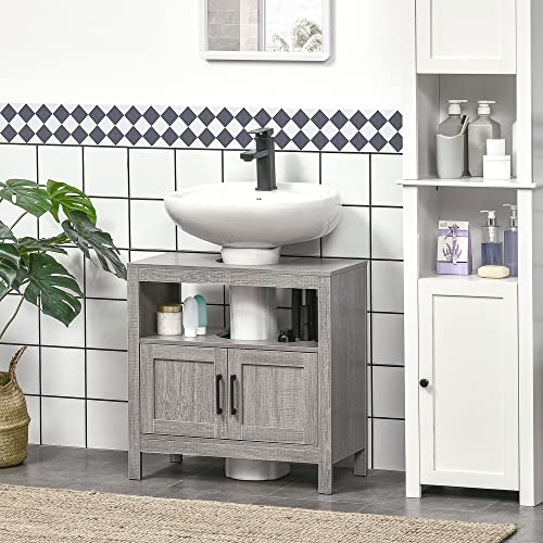kleankin Pedestal Sink Storage Cabinet with 2 Doors and Open Shelf, Gray | Bathroom Under Sink Cabinet, Bathroom Vanity - color: Grey