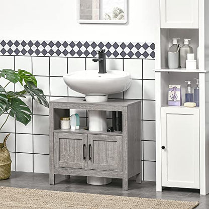 kleankin Pedestal Sink Storage Cabinet with 2 Doors and Open Shelf, Gray | Bathroom Under Sink Cabinet, Bathroom Vanity - color: Grey