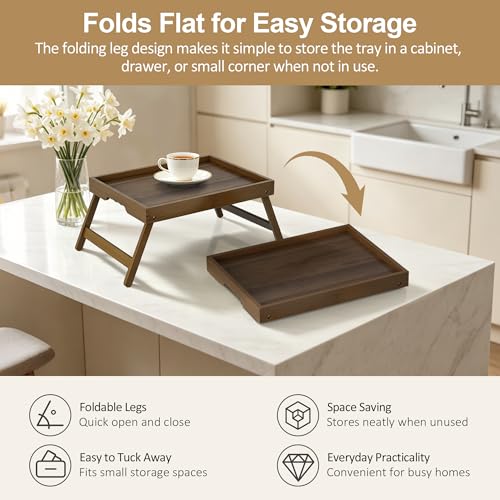 Breakfast Tray with Folding Legs Set of 2, Bamboo Bed Tray Table 15.7" Foldable TV Dinner Tray with Ergonomic Wave Handles for Bed Couch Sofa, Breakfast, Snacks, Coffee, Walnut - color: Walnut, size: Medium