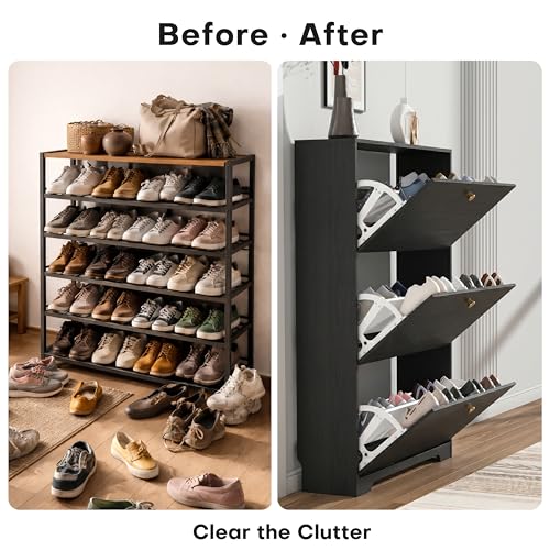 Nicetree Shoe Cabinet with 3 Flip Drawers, Narrow Shoe Organizer Cabinet, Freestanding Shoe Rack Cabinet, Modern Shoe Storage Cabinet for Entryway, Hallway, Foyer, Black with Hook - color: Black, style: 3-Drawers with Hook