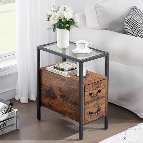 VECELO End Tables, 24" Height Narrow Nightstands, Modern Tall Night Stand with Drawers and Shelf for Living Room, Bedroom,Tempered Glass - color: Vintage Brown, size: Set of 1