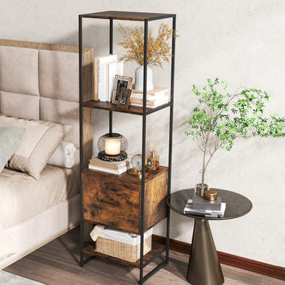 Giantex 5-Tier Bookshelf with Drawer Set of 2, Narrow Bookcase w/Open Shelves & Metal Frame, Modern Storage Organizer Shelving Unit, Freestanding Display Rack for Bedroom Living Room - color: Rustic Brown+black