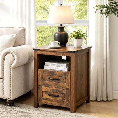 Farmhouse Night Stand, Rustic Brown Nightstand for Bedroom, End Tables with Charging Station, Bedside Table with Drawers, Wood Bedside Cabinet Dresser - color: Brown, size: 1pcs with Charging