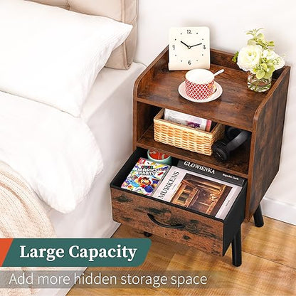 Yoobure Night Stand with Fabric Drawer, Modern Nightstand, Bedside Tables, Mid Century Nightstands with Open Storage Shelf, Wood Bedside Table, Small Night Stands for Bedrooms, 2-Tier Night Table - color: Berry Brown