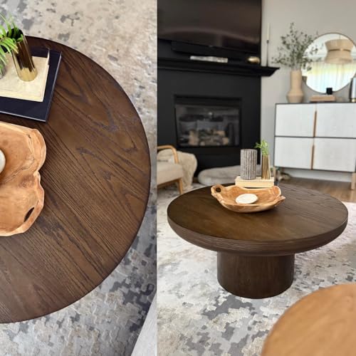 Round Coffee Table 36" Wood for Living Room Large Modern Solid Wooden Drum Circle Farmhouse Center Mid-Century Sofa Side Coffee Tables for Apartment Home Furniture Cocktail Tea Brown Easy Assemble - color: 36" Brown