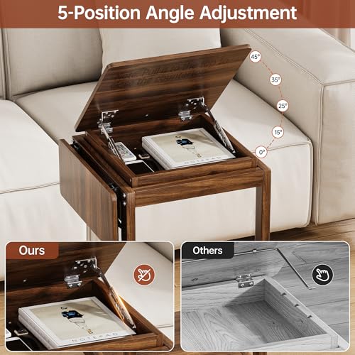 OtterOasis C Shaped End Table for Couch Rolling Side with Wheels Walnut | Wood, Desk Tv Tables, with Folding Desktop, Lockable Wheel, with Hidden Storage, for Living Room, Bedroom - color: Walnut