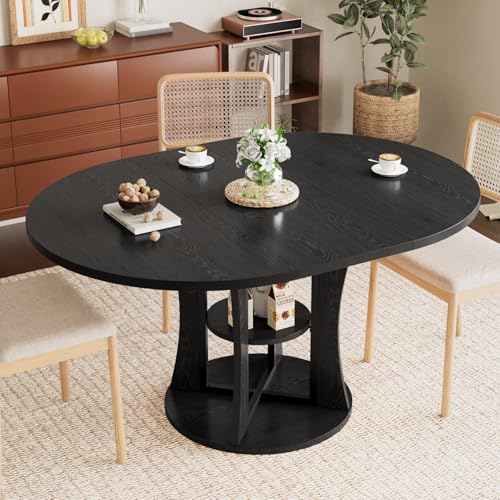 Extendable Round Dining Table for 4-6-8, 43.3-59in Expandable Dining Table with Storage Shelf, Space Saving Circle Oval Kitchen Table with Leaf for Dining Room, Black - color: Black