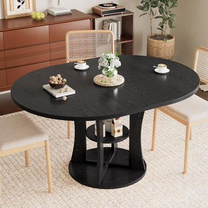 Extendable Round Dining Table for 4-6-8, 43.3-59in Expandable Dining Table with Storage Shelf, Space Saving Circle Oval Kitchen Table with Leaf for Dining Room, Black - color: Black